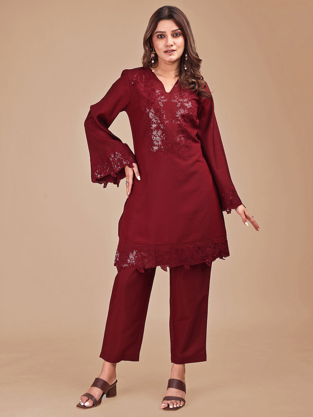 Maroon Colored Heavy Sequinns Yoke Work Silk Blend Co-ord Set
