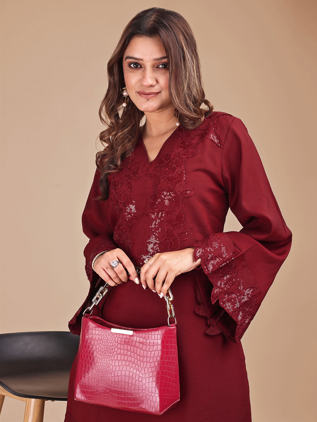 Maroon Colored Heavy Sequinns Yoke Work Silk Blend Co-ord Set