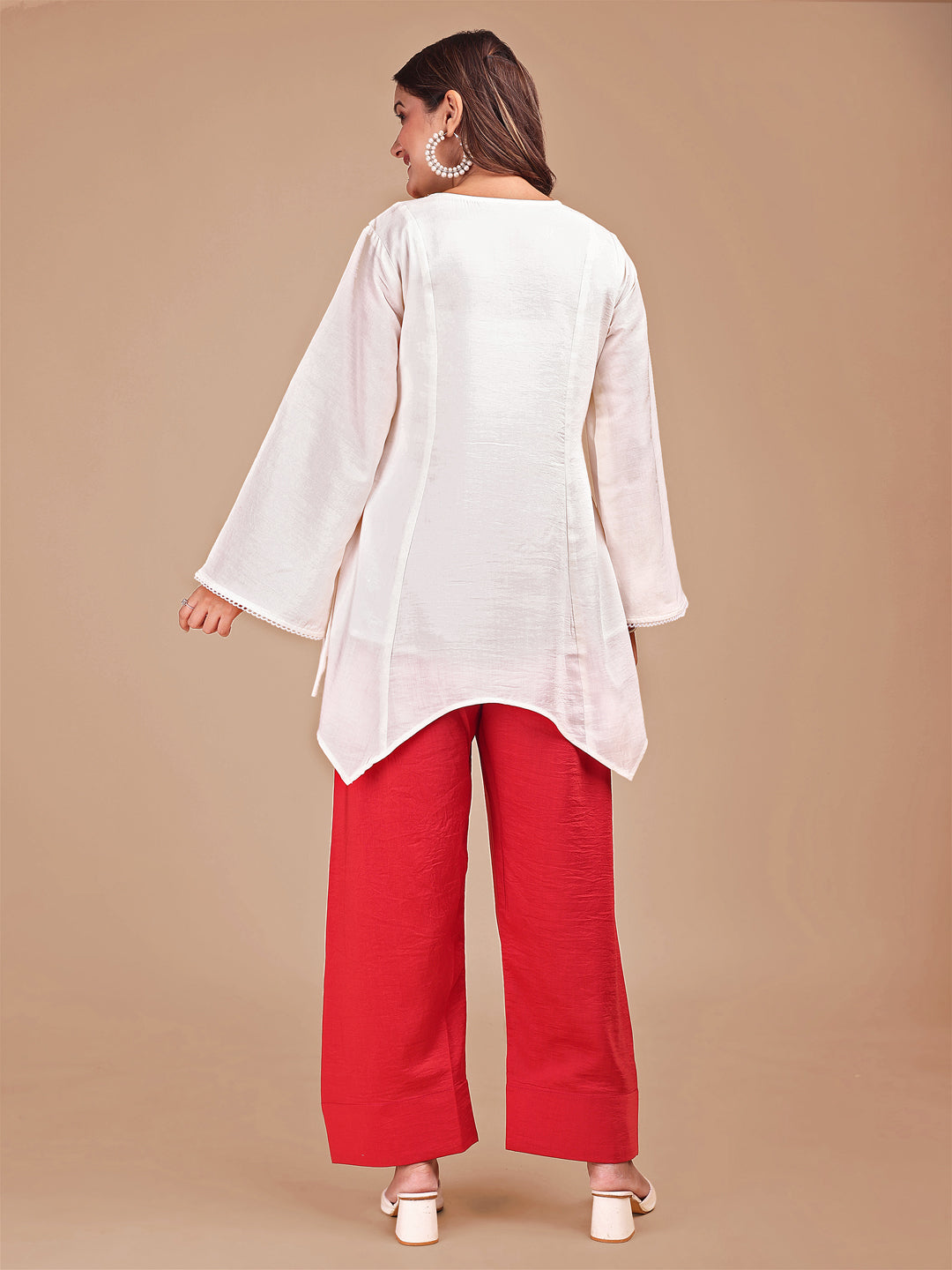 Off White & Red Colored Embroidered Co-ord Set With Farshi Salwar