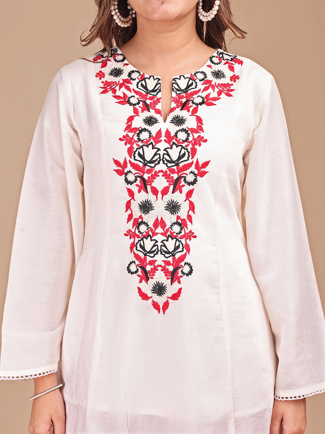 Off White & Red Colored Embroidered Co-ord Set With Farshi Salwar