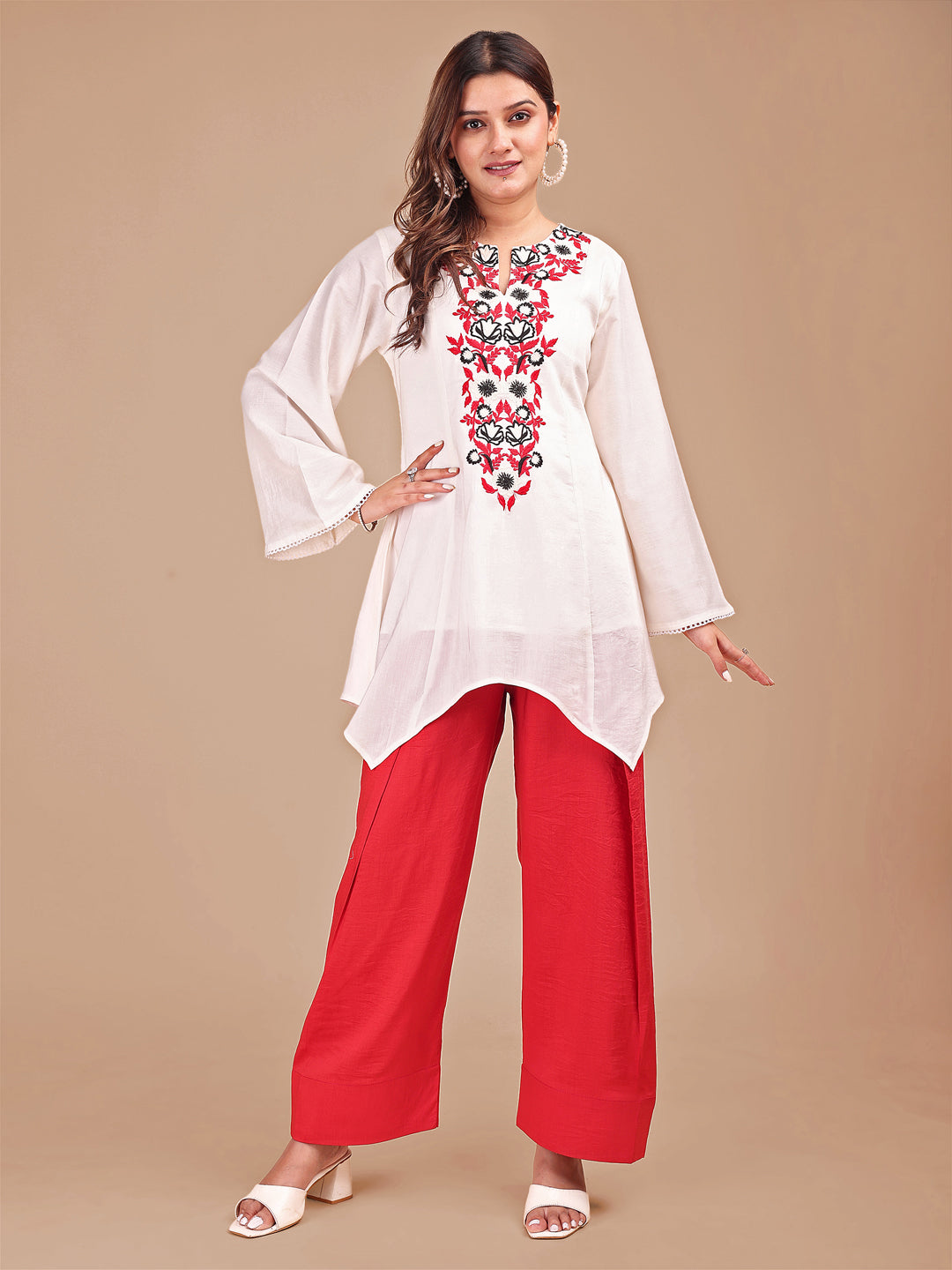 Off White & Red Colored Embroidered Co-ord Set With Farshi Salwar