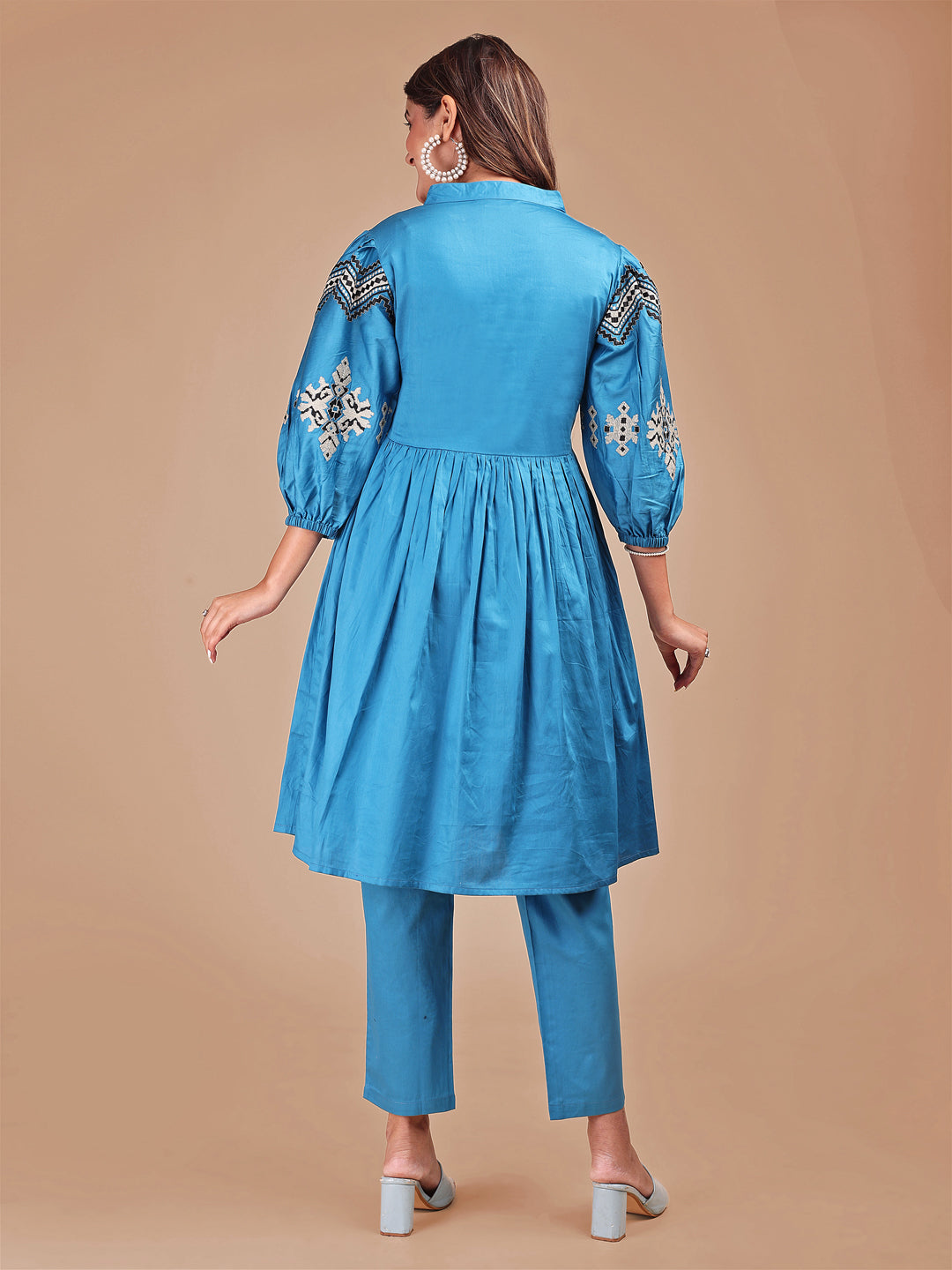 Blue Colored Stylized Thread Work Cotton Blend Co-ord Set