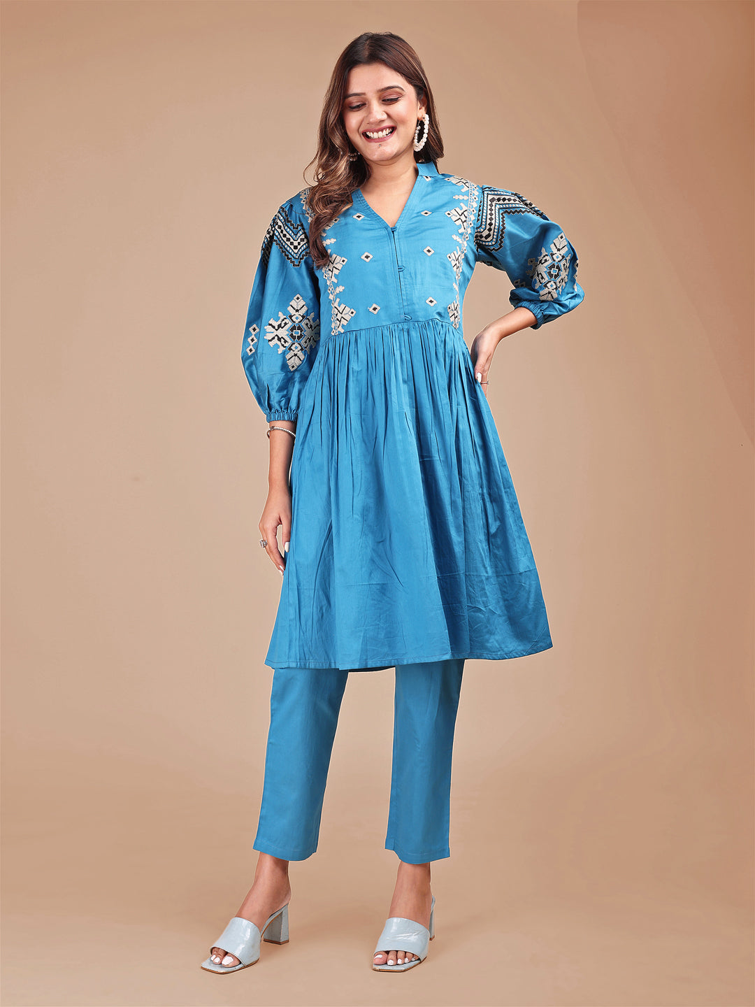 Blue Colored Stylized Thread Work Cotton Blend Co-ord Set
