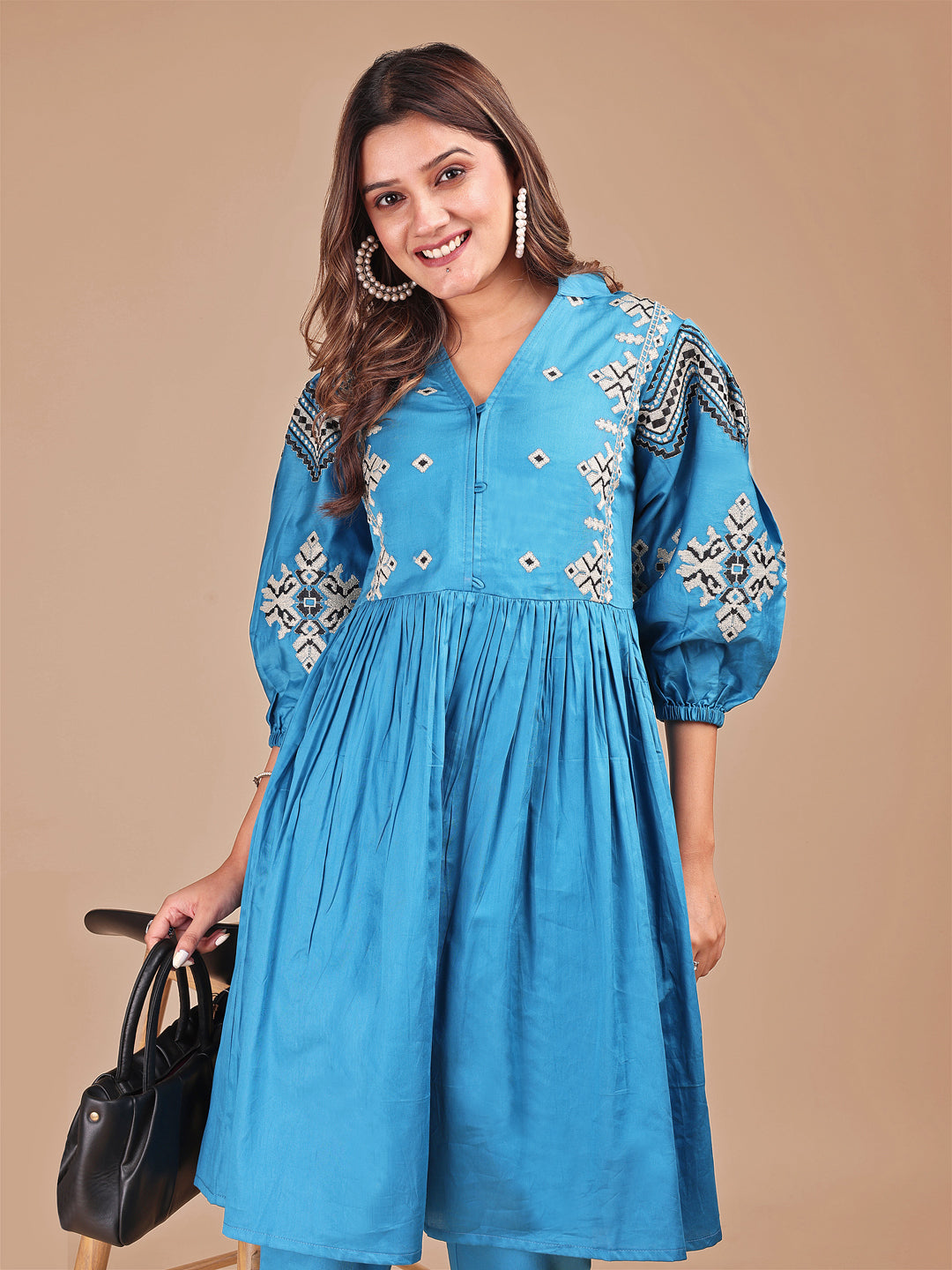 Blue Colored Stylized Thread Work Cotton Blend Co-ord Set