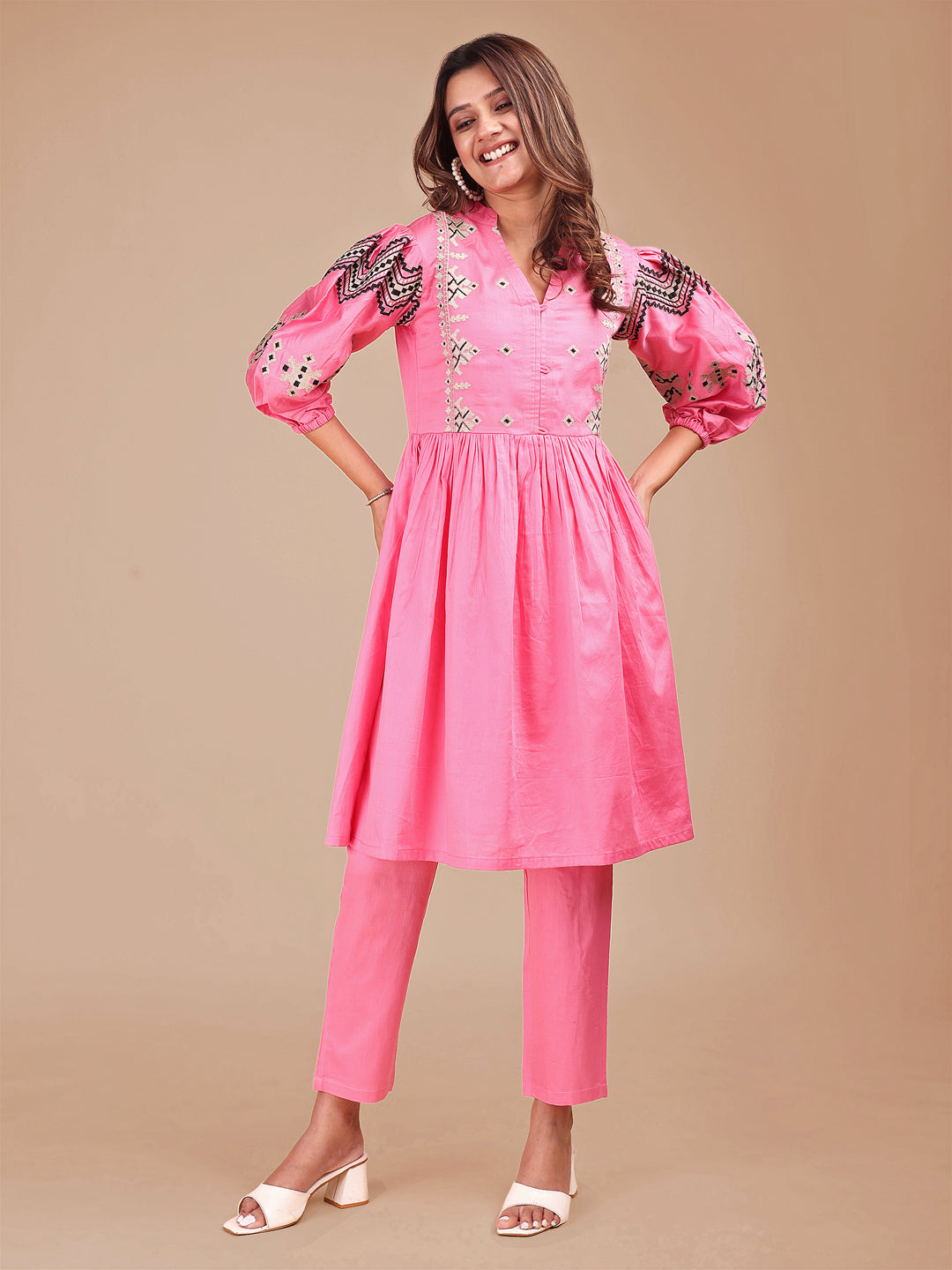 Pink Colored Stylized Thread Work Cotton Blend Co-ord Set