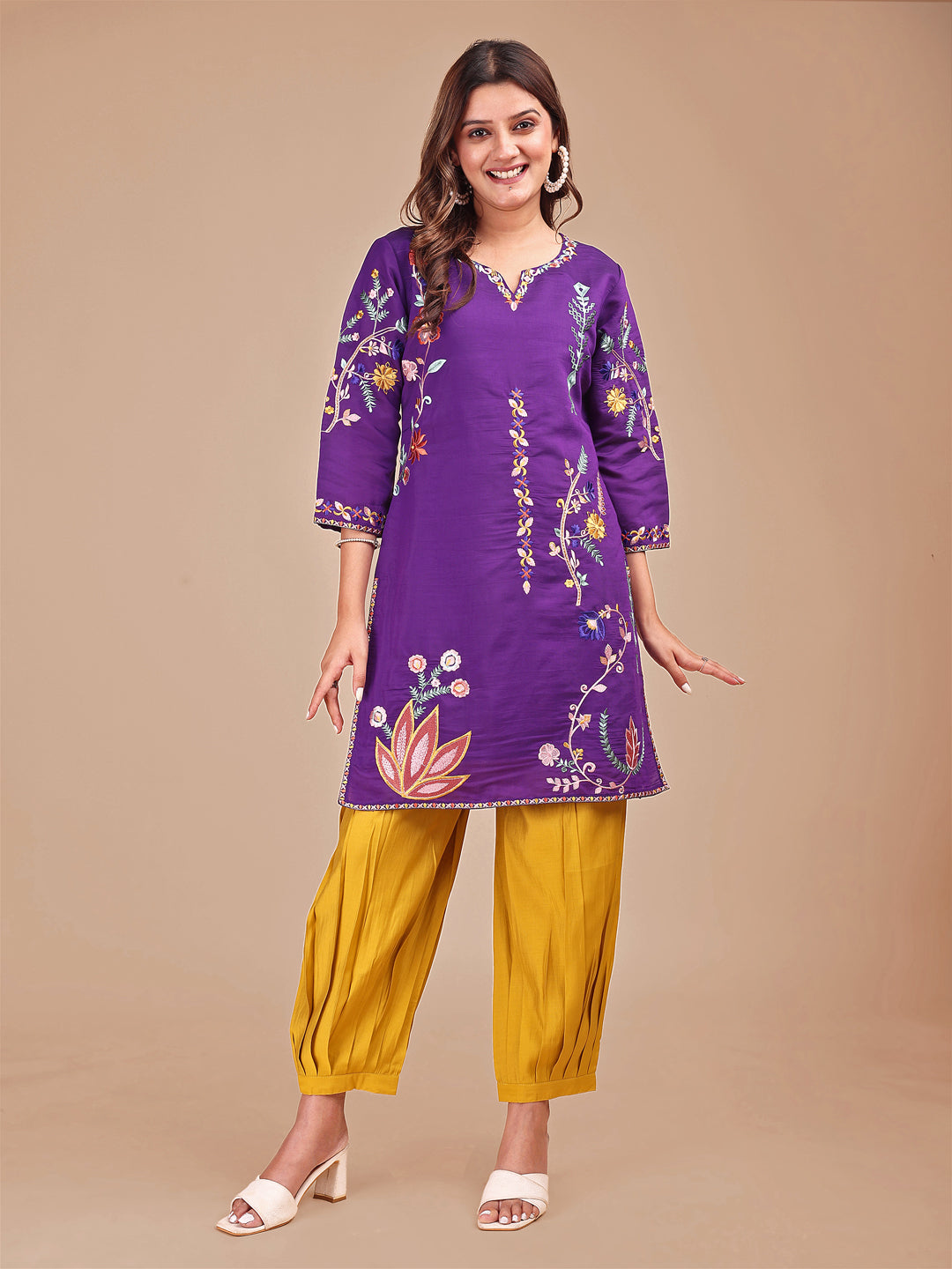 Purple Colored Multi Embroidered Silk Blend Top With Contrast Colored Bottom Co-ord Set