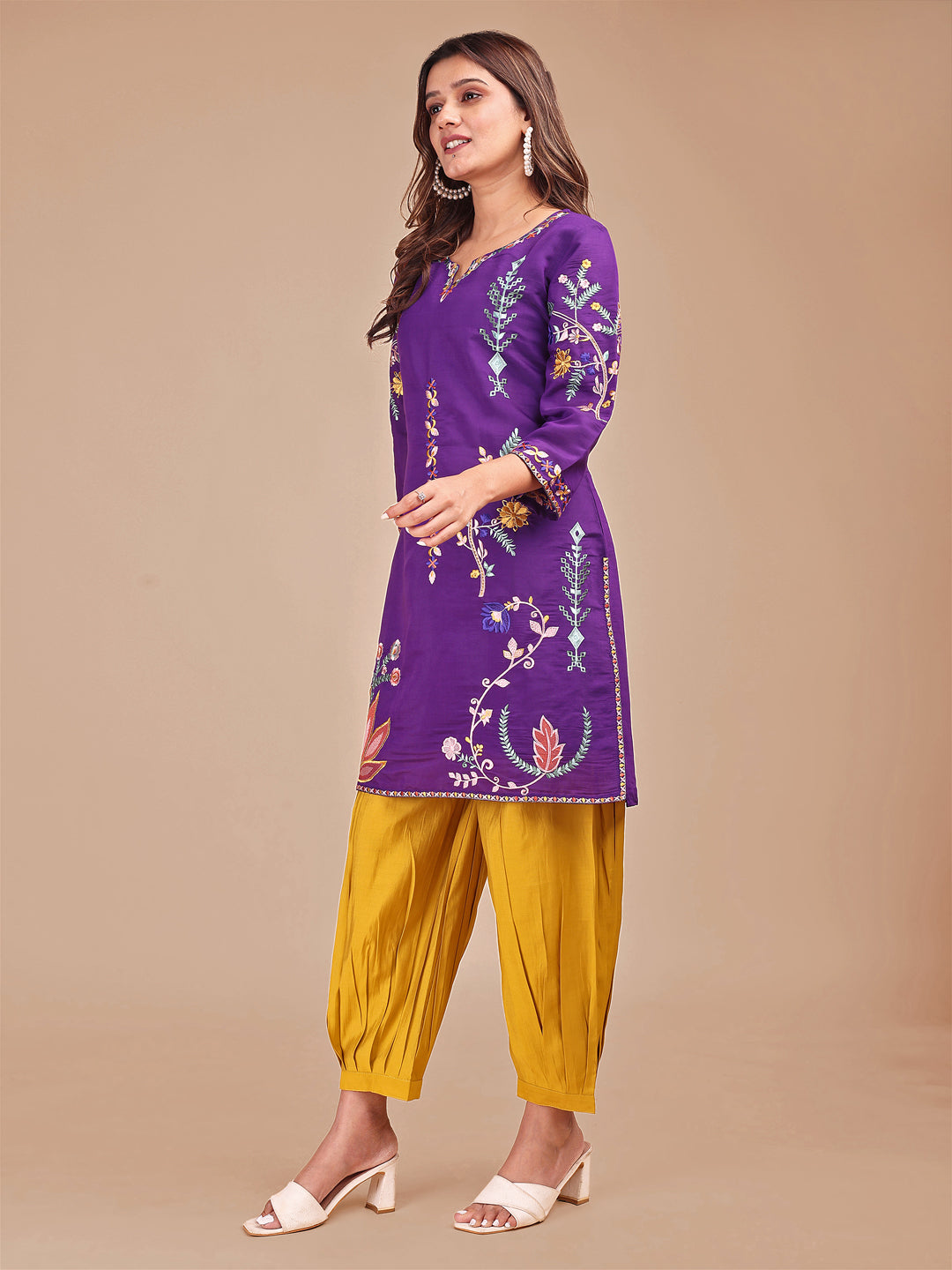 Purple Colored Multi Embroidered Silk Blend Top With Contrast Colored Bottom Co-ord Set