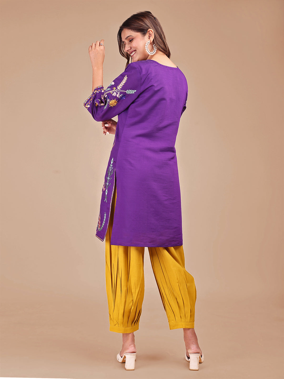 Purple Colored Multi Embroidered Silk Blend Top With Contrast Colored Bottom Co-ord Set