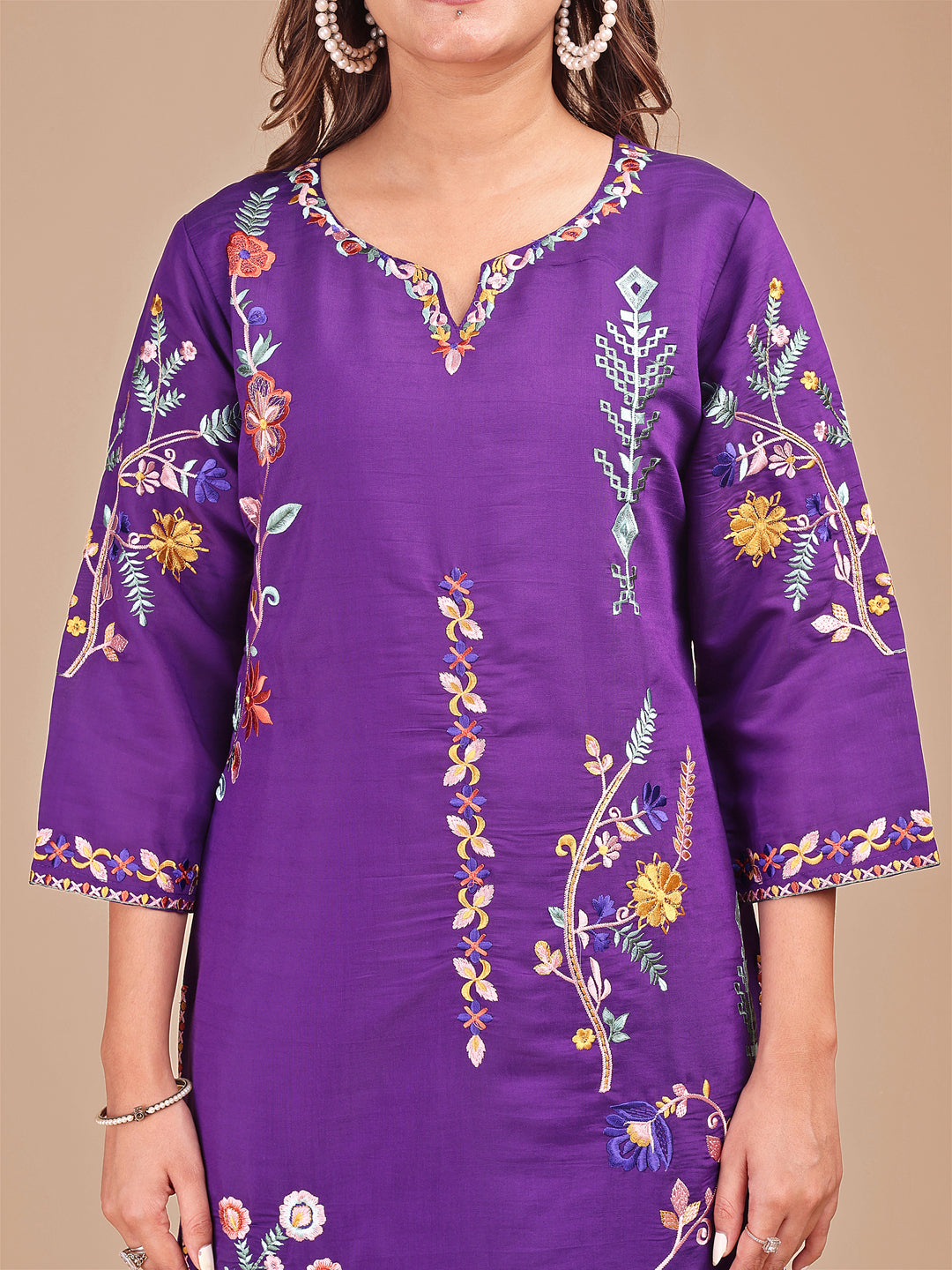 Purple Colored Multi Embroidered Silk Blend Top With Contrast Colored Bottom Co-ord Set