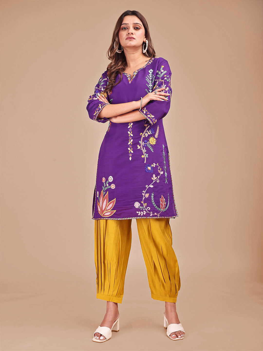 Purple Colored Multi Embroidered Silk Blend Top With Contrast Colored Bottom Co-ord Set