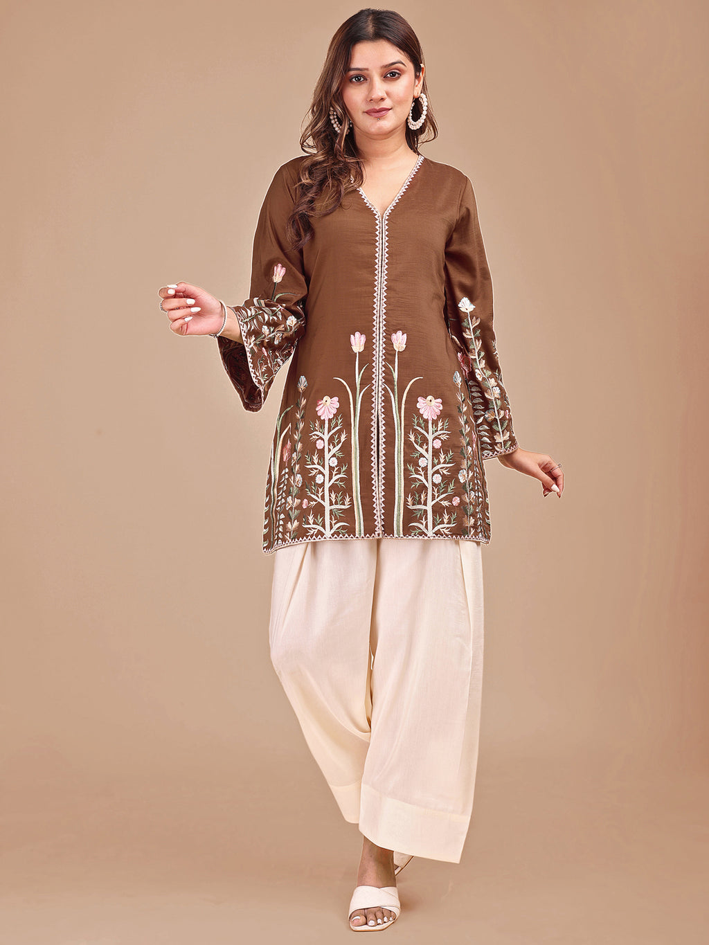 Brown & Cream Colored Embroidered Co-ord Set With Farshi Salwar