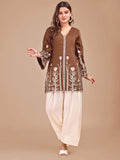 Brown & Cream Colored Embroidered Co-ord Set With Farshi Salwar