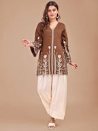 Brown & Cream Colored Embroidered Co-ord Set With Farshi Salwar
