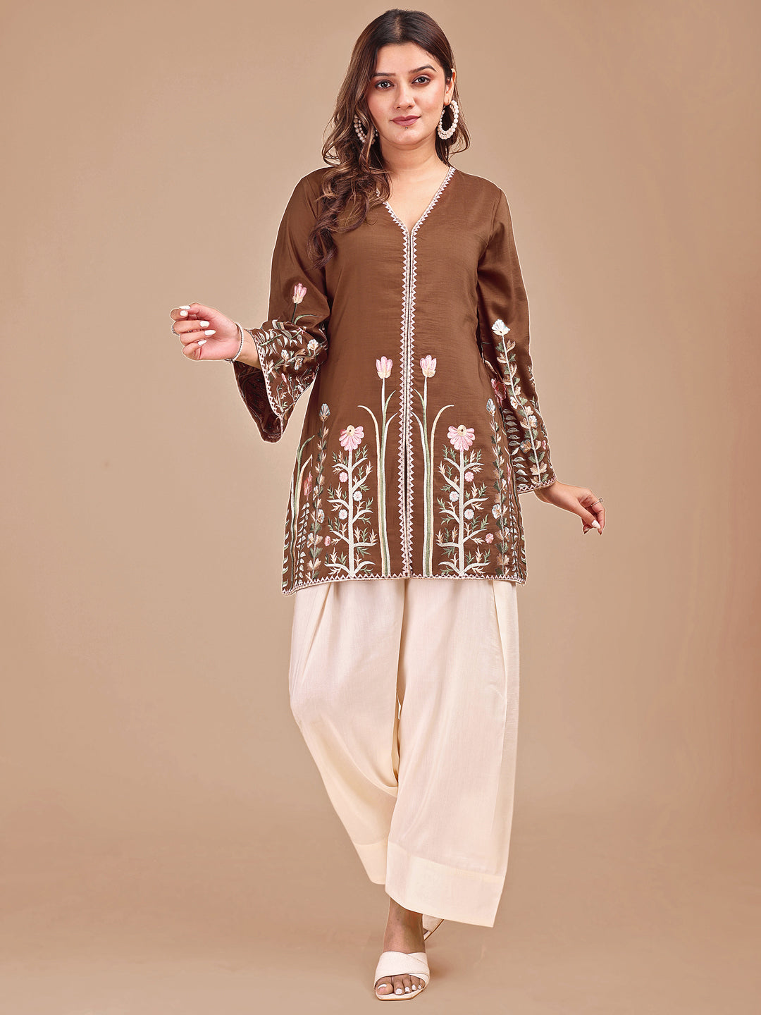 Brown & Cream Colored Embroidered Co-ord Set With Farshi Salwar