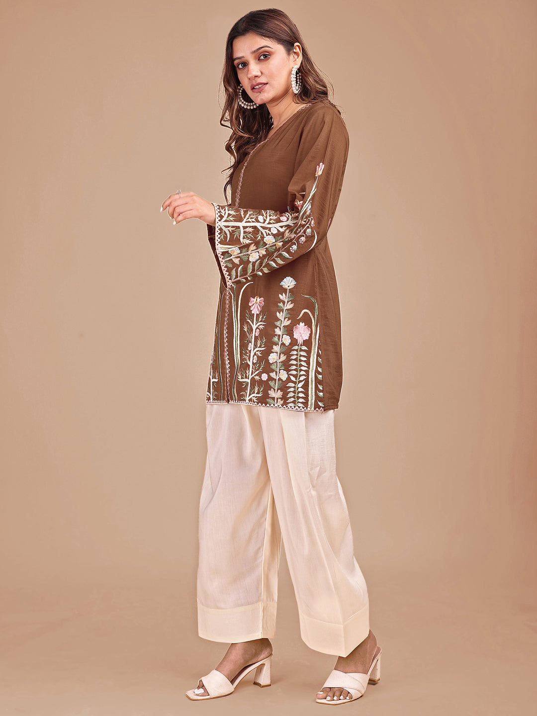 Brown & Cream Colored Embroidered Co-ord Set With Farshi Salwar