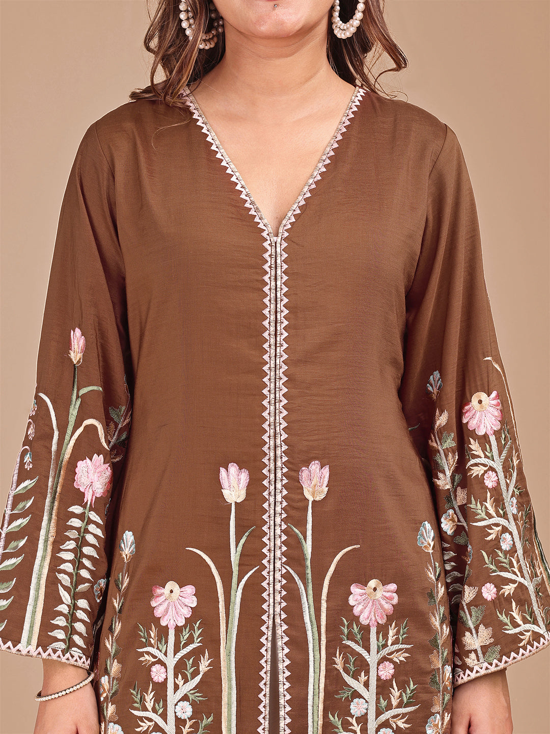 Brown & Cream Colored Embroidered Co-ord Set With Farshi Salwar