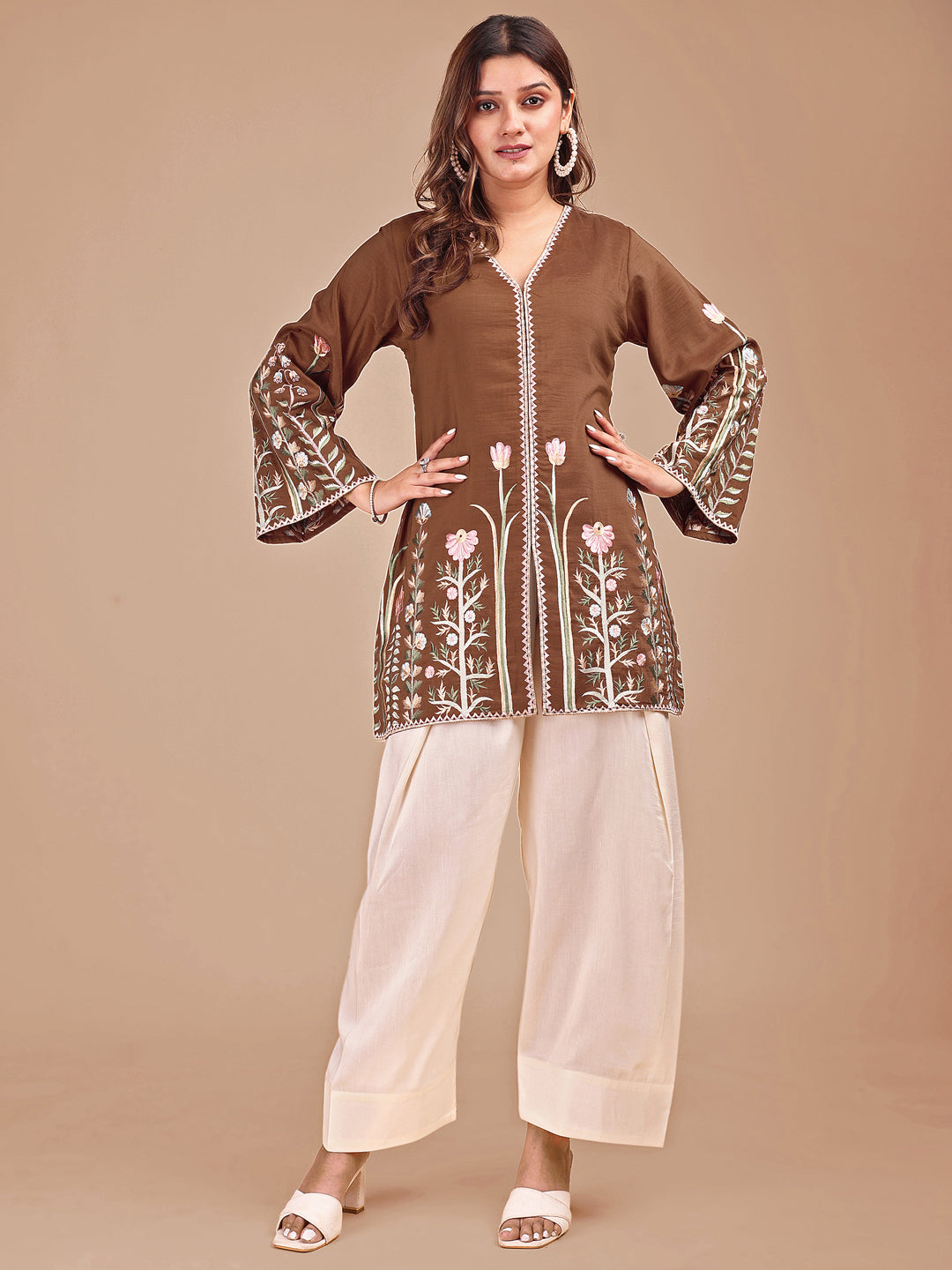 Brown & Cream Colored Embroidered Co-ord Set With Farshi Salwar