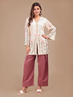 Cream & Rose Colored Embroidered Co-ord Set With Farshi Salwar