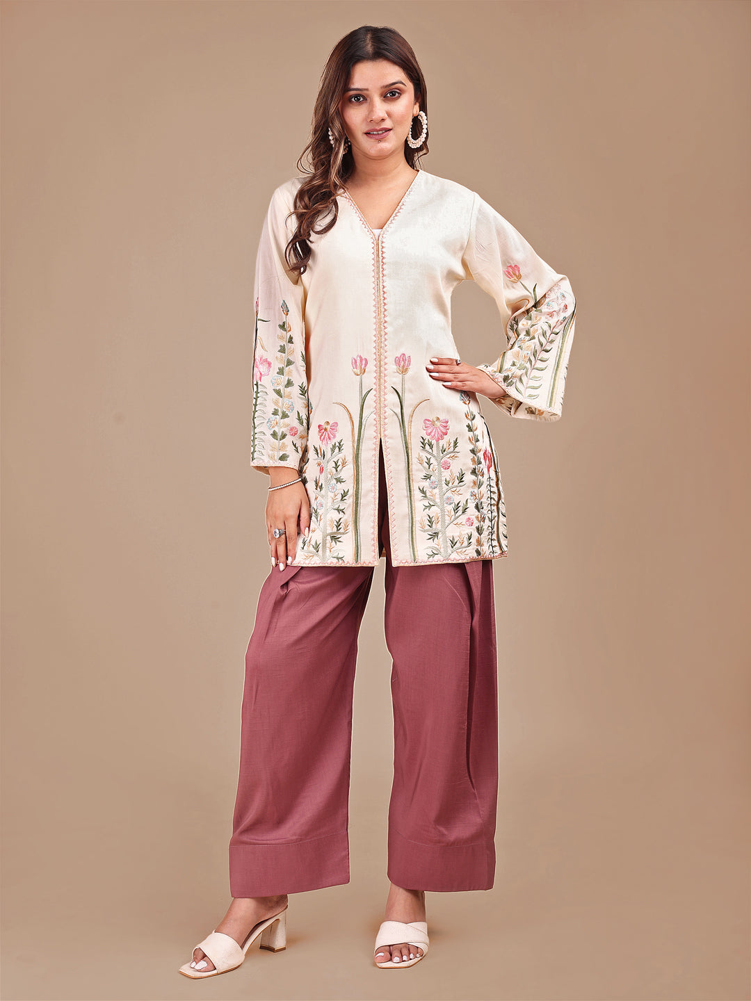 Cream & Rose Colored Embroidered Co-ord Set With Farshi Salwar