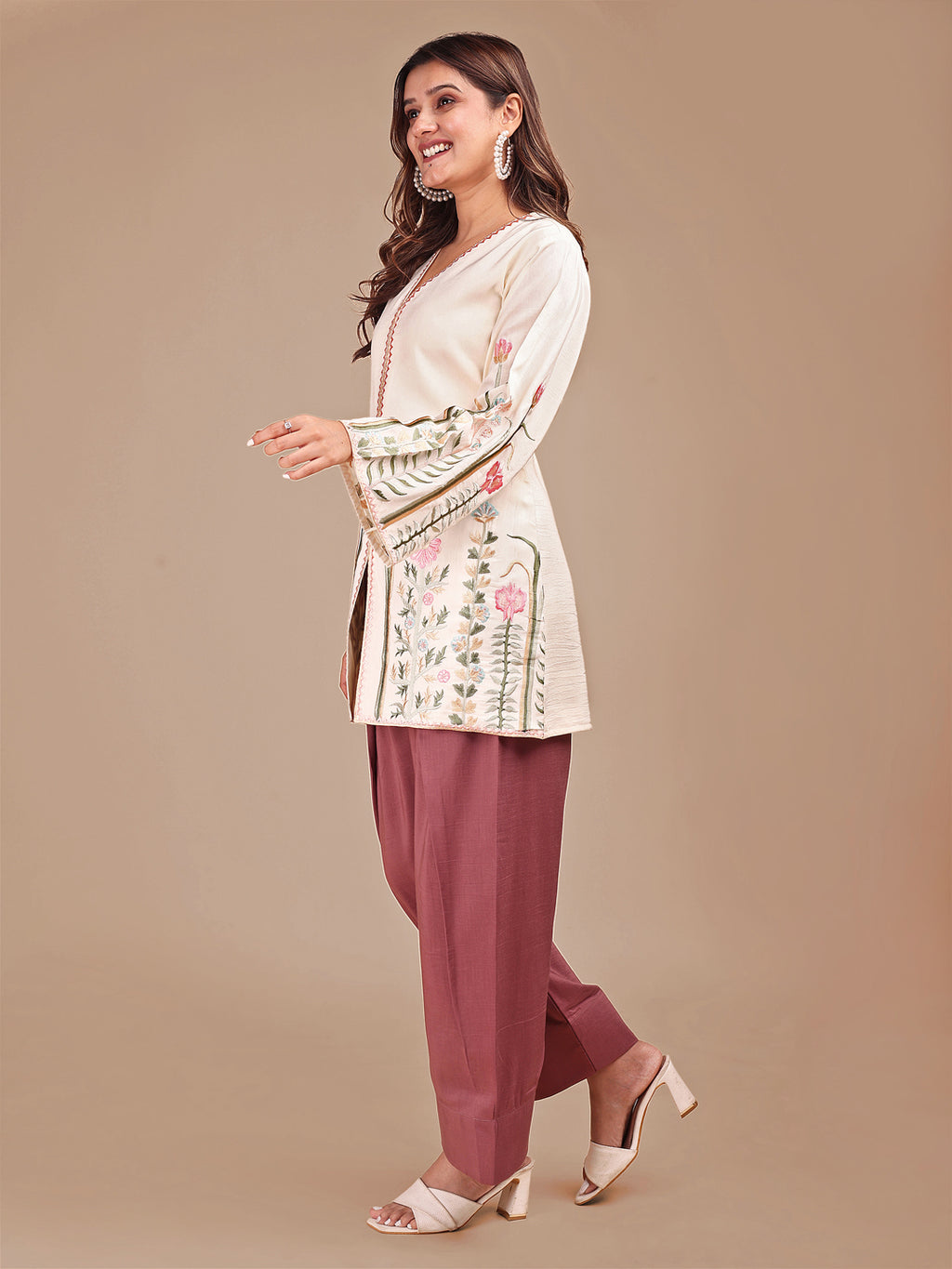 Cream & Rose Colored Embroidered Co-ord Set With Farshi Salwar