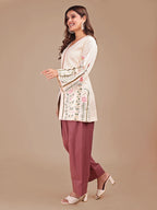 Cream & Rose Colored Embroidered Co-ord Set With Farshi Salwar