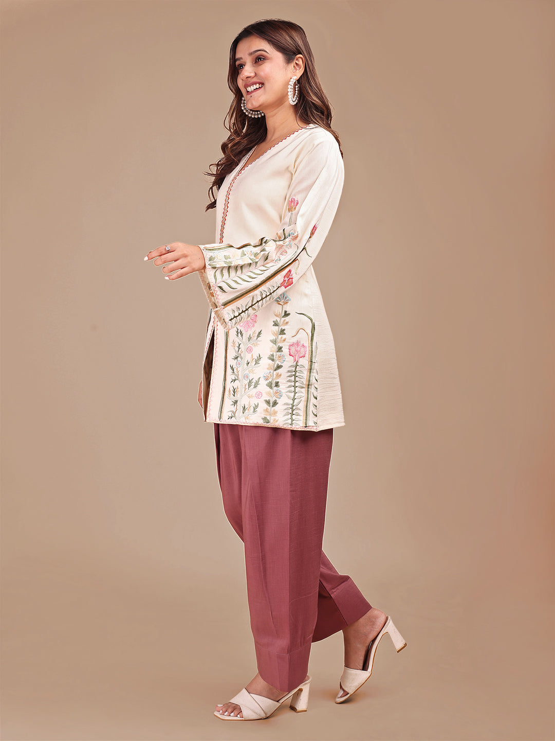 Cream & Rose Colored Embroidered Co-ord Set With Farshi Salwar