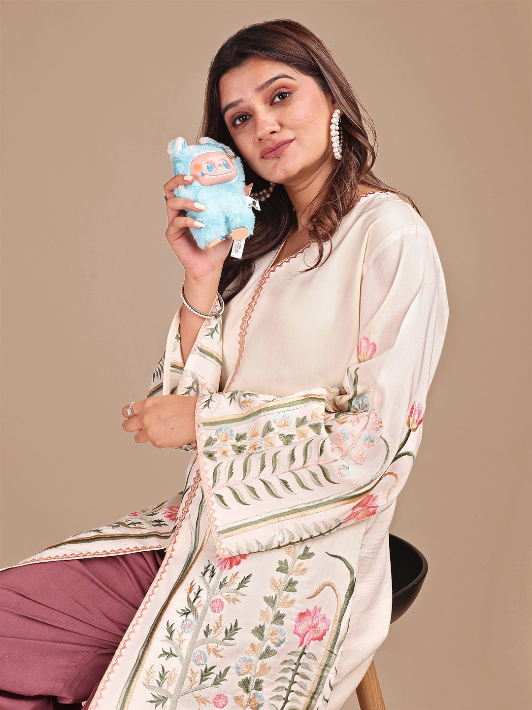 Cream & Rose Colored Embroidered Co-ord Set With Farshi Salwar