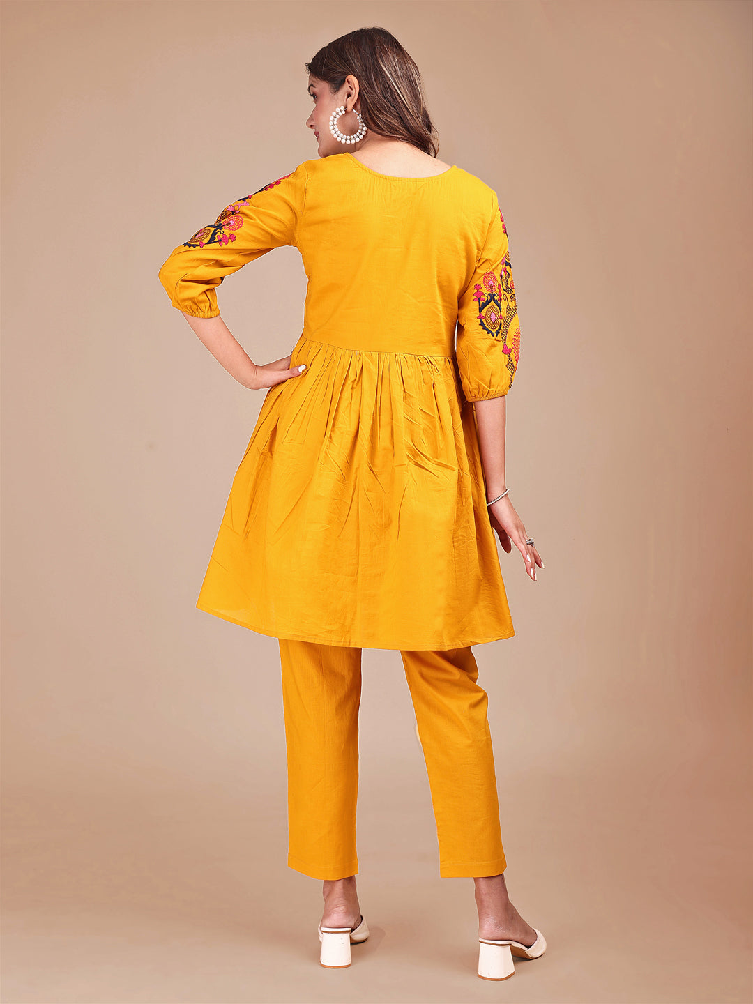 Mustard Colored Contrast Thread Work Cotton Co-ord Set
