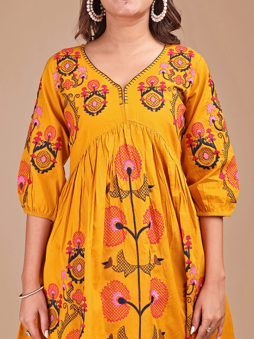 Mustard Colored Contrast Thread Work Cotton Co-ord Set