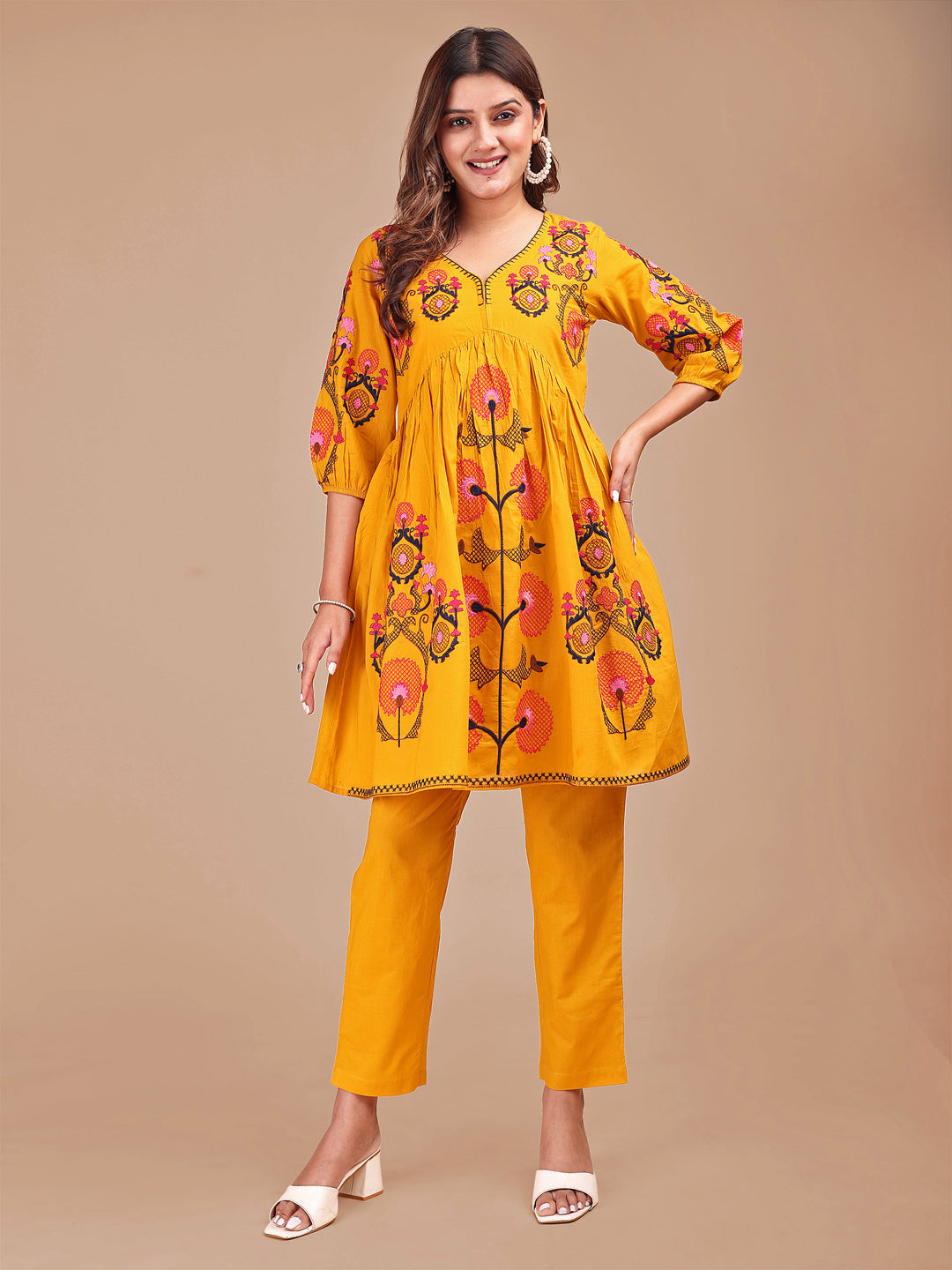 Mustard Colored Contrast Thread Work Cotton Co-ord Set