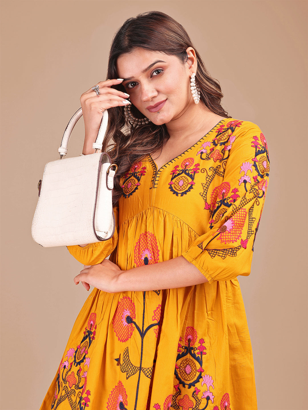 Mustard Colored Contrast Thread Work Cotton Co-ord Set