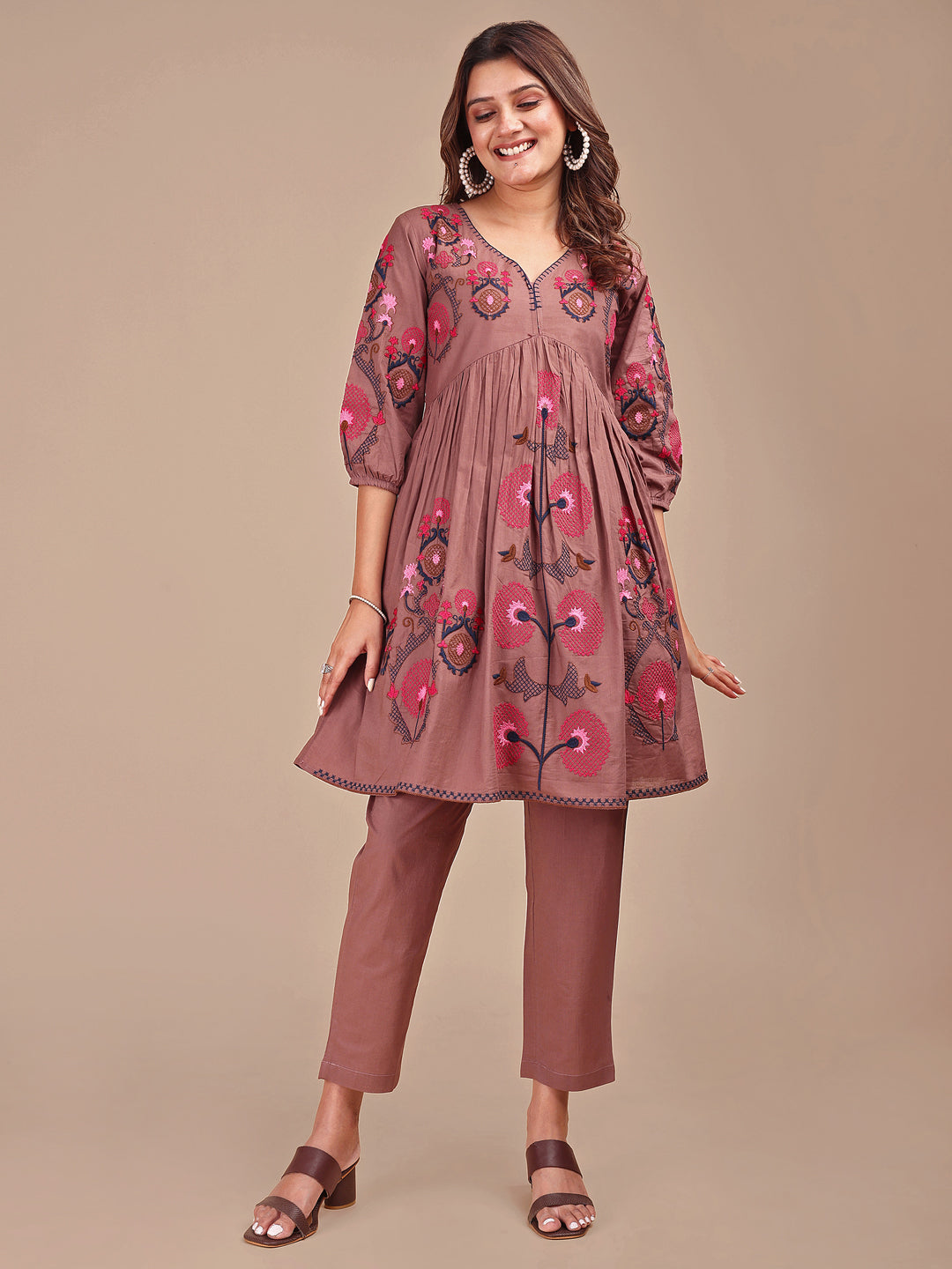 Brown Colored Contrast Thread Work Cotton Co-ord Set
