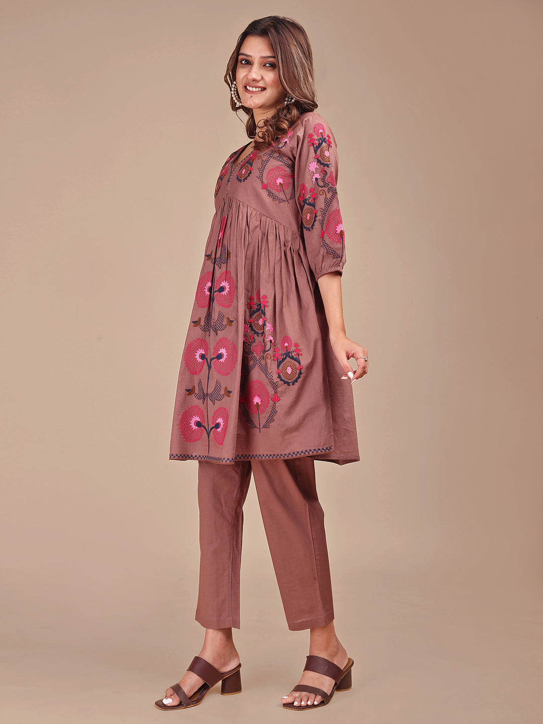Brown Colored Contrast Thread Work Cotton Co-ord Set