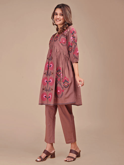 Brown Colored Contrast Thread Work Cotton Co-ord Set