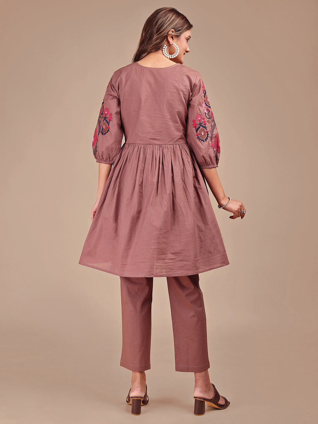 Brown Colored Contrast Thread Work Cotton Co-ord Set