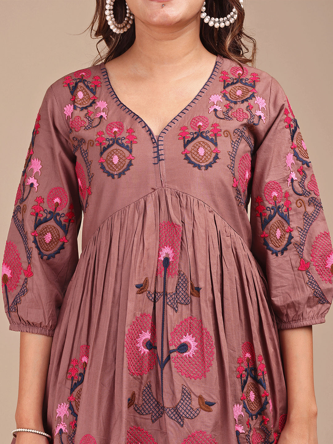 Brown Colored Contrast Thread Work Cotton Co-ord Set