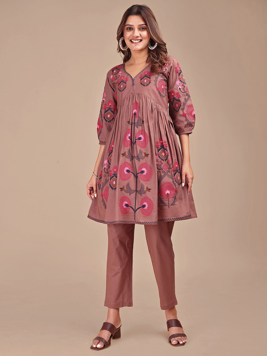 Brown Colored Contrast Thread Work Cotton Co-ord Set