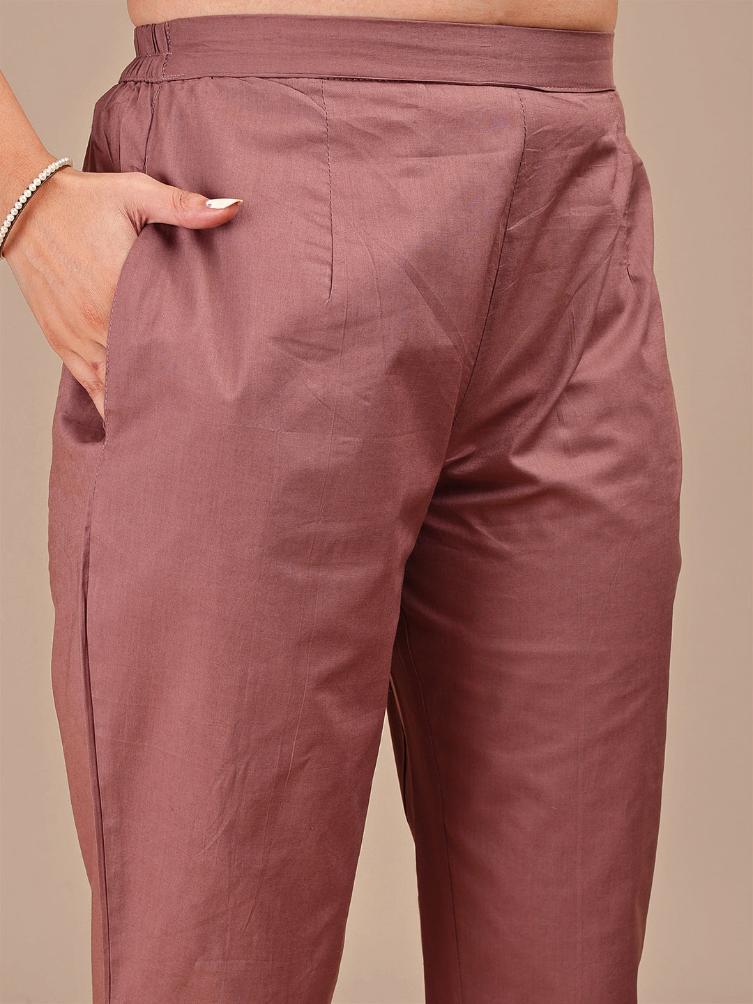 Brown Colored Contrast Thread Work Cotton Co-ord Set