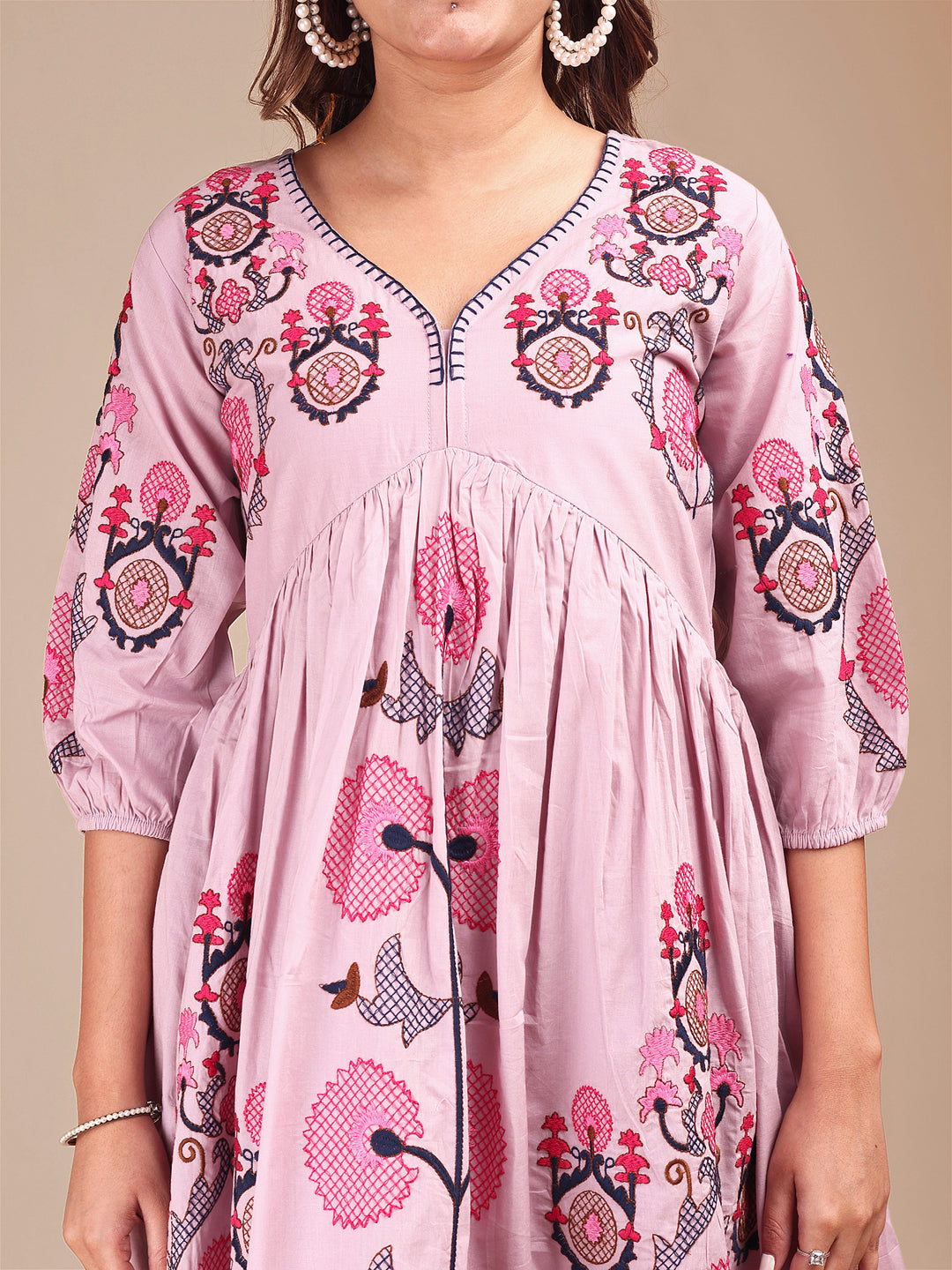 Onion Pink Colored Contrast Thread Work Cotton Co-ord Set