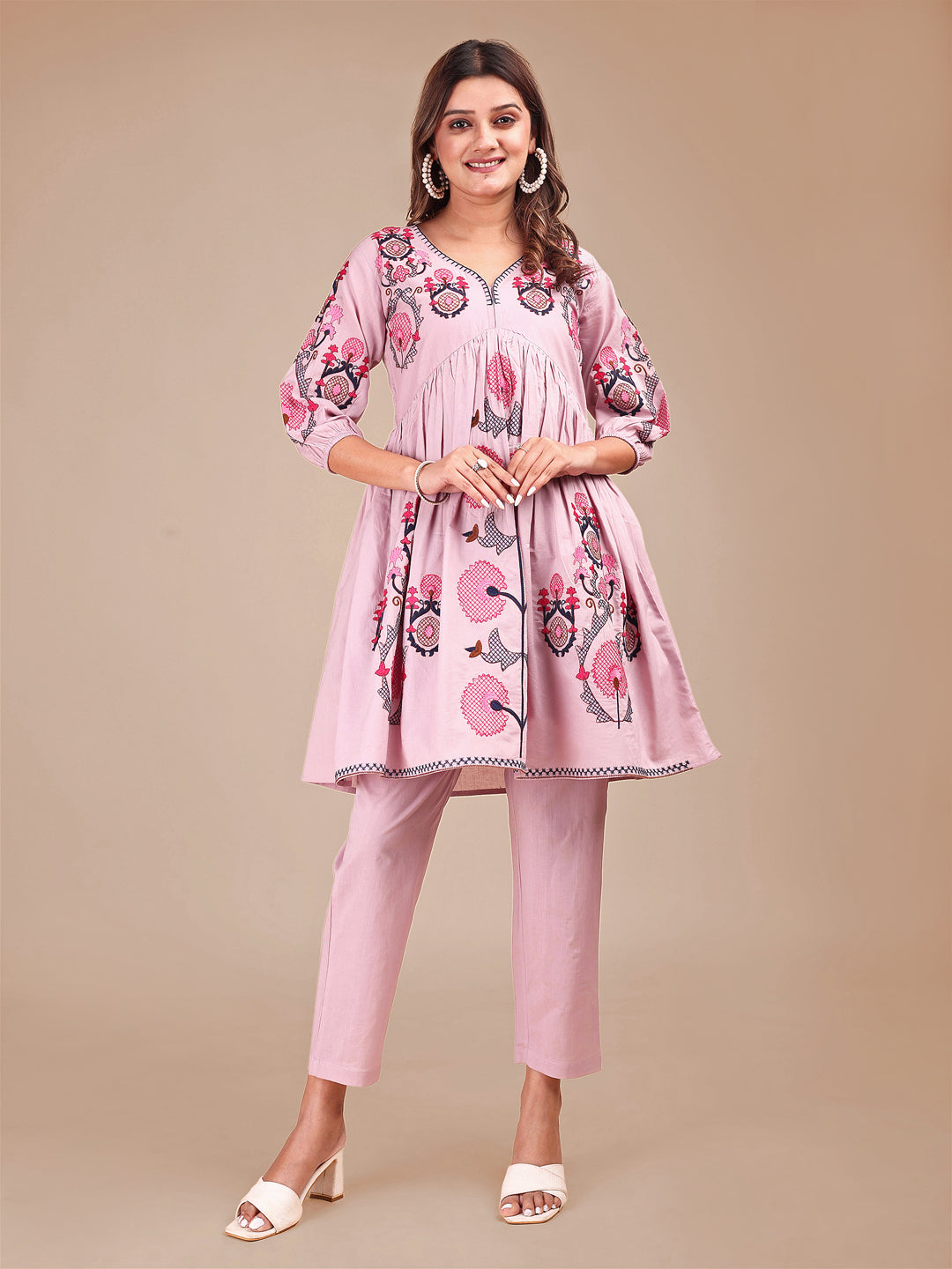 Onion Pink Colored Contrast Thread Work Cotton Co-ord Set