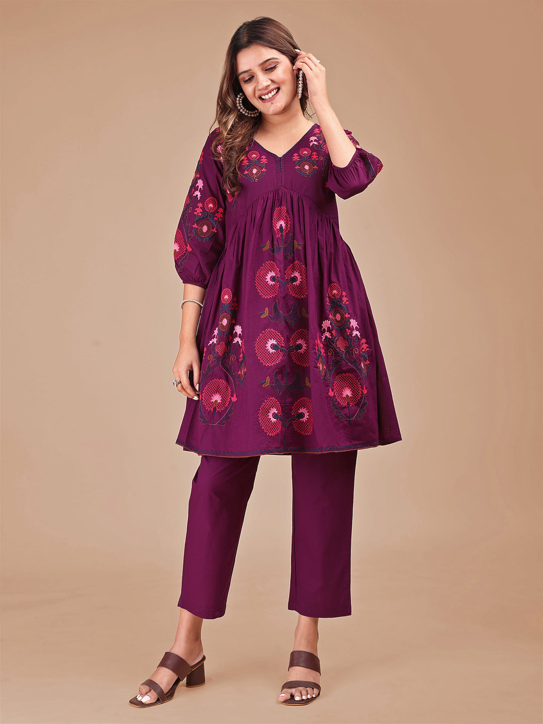 Wine Colored Contrast Thread Work Cotton Co-ord Set