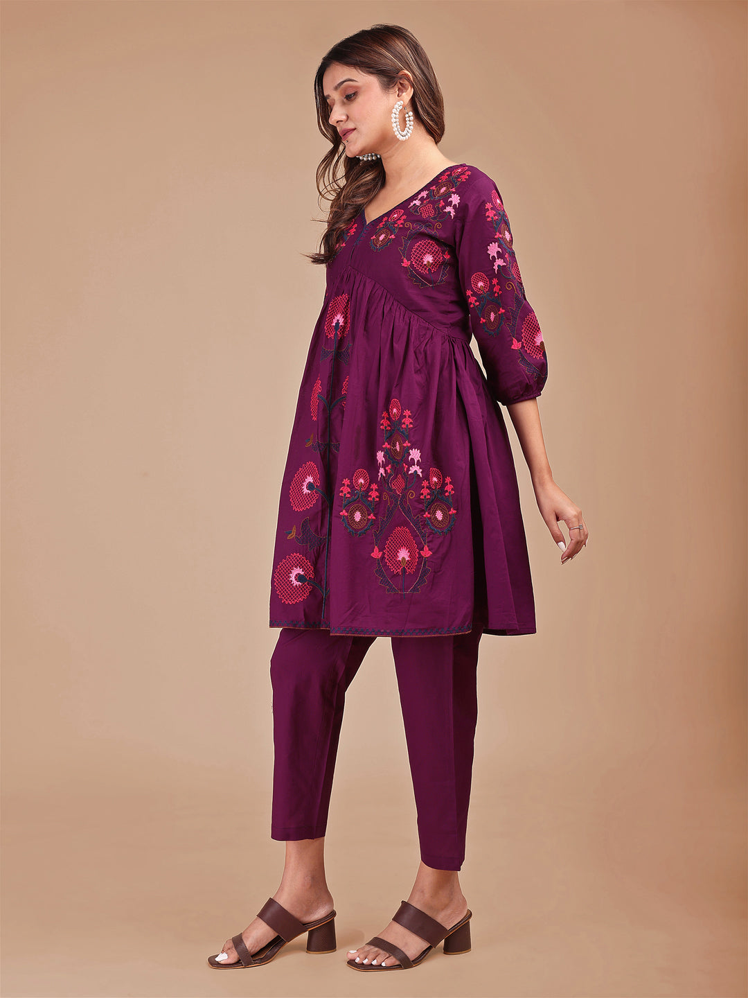 Wine Colored Contrast Thread Work Cotton Co-ord Set