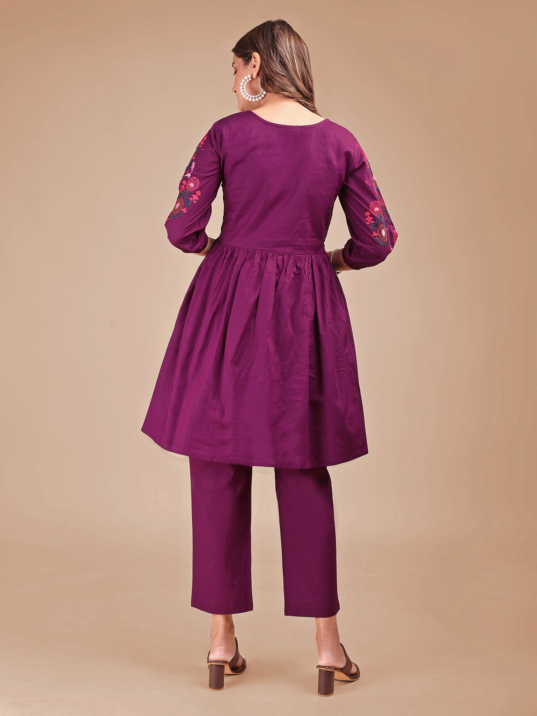 Wine Colored Contrast Thread Work Cotton Co-ord Set