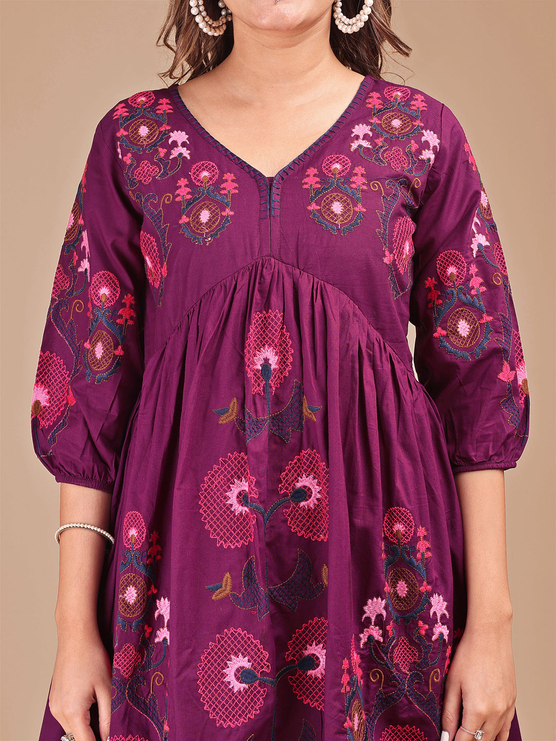 Wine Colored Contrast Thread Work Cotton Co-ord Set