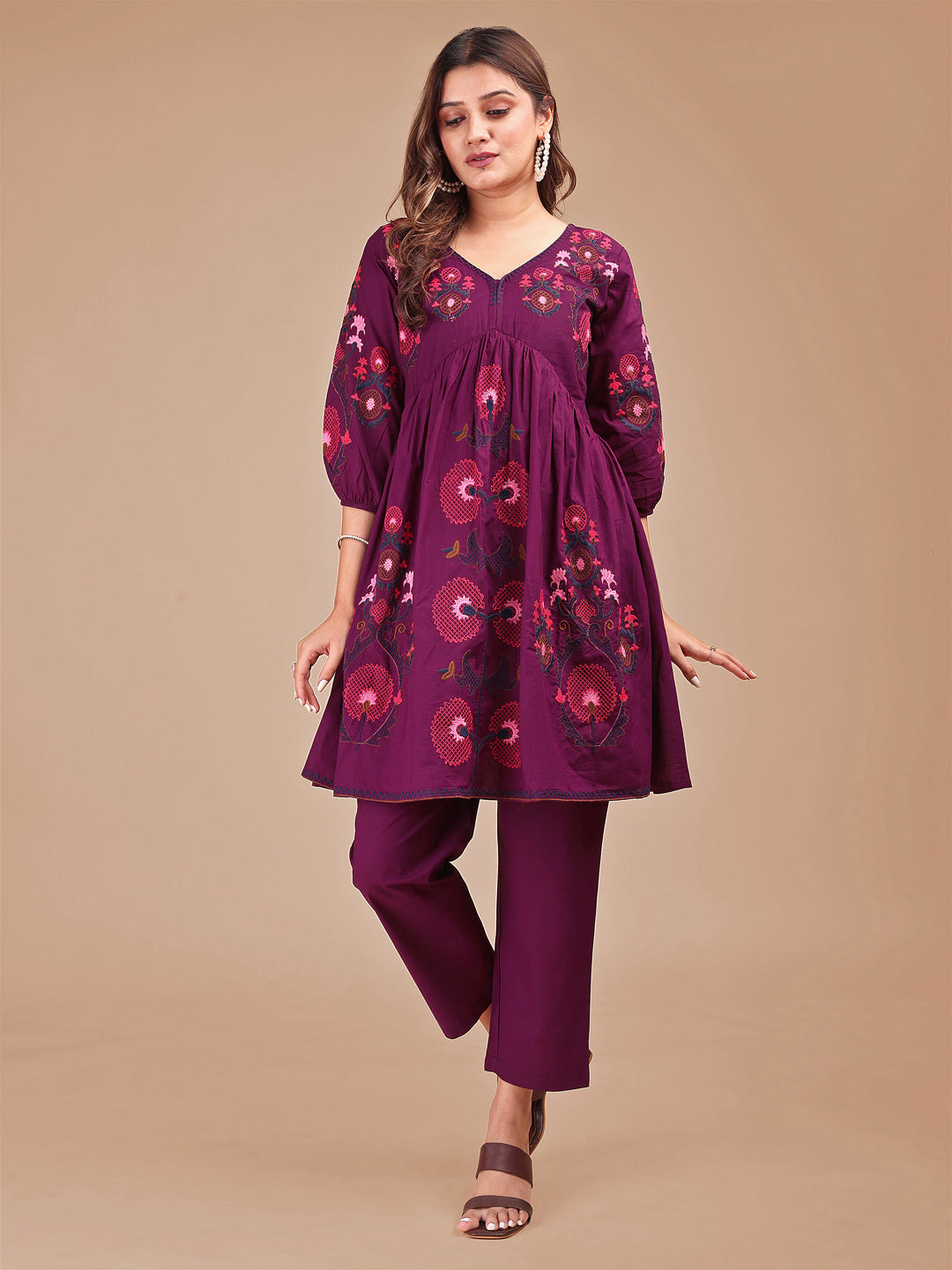 Wine Colored Contrast Thread Work Cotton Co-ord Set