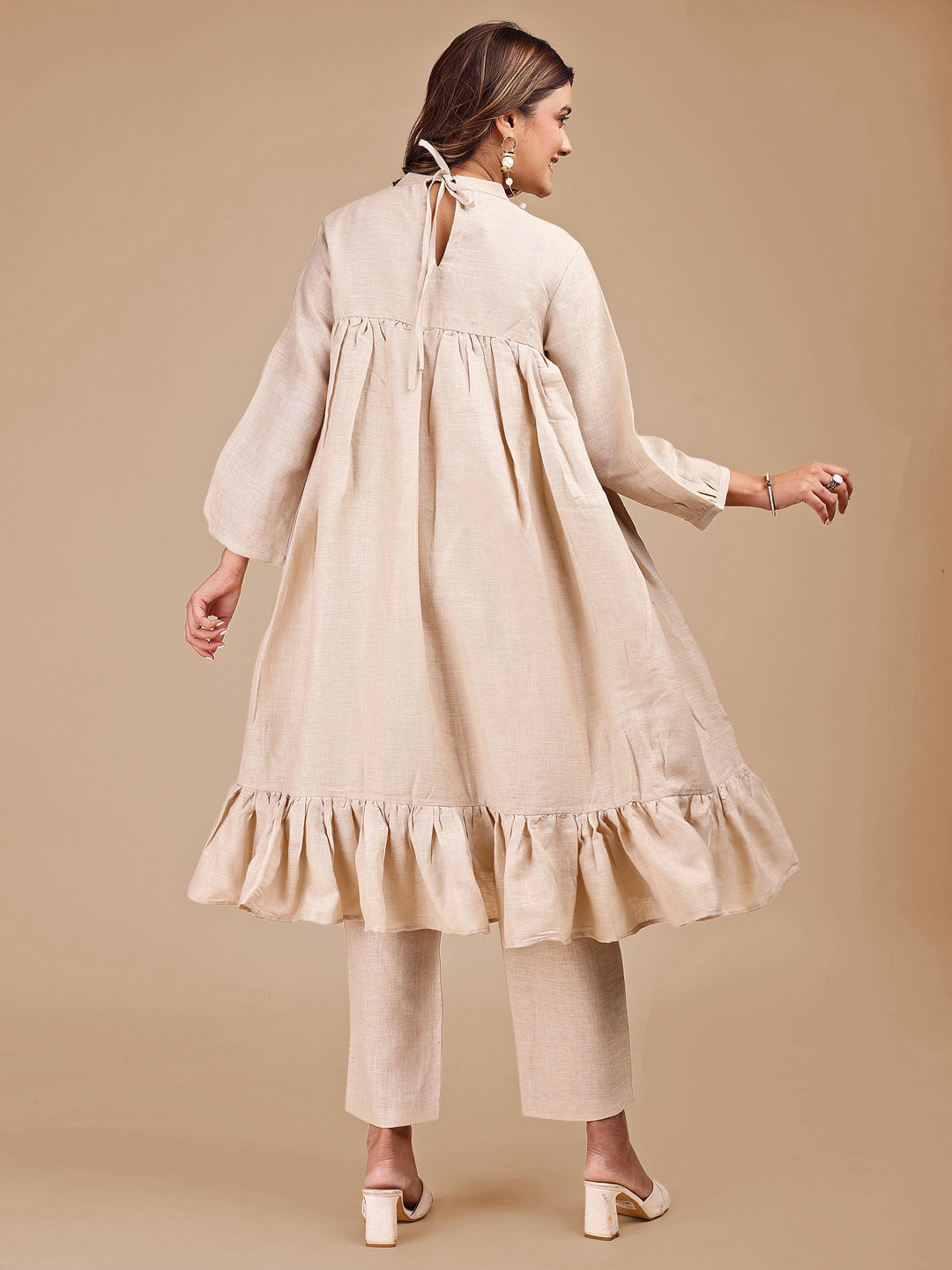 Beige Colored Stylized Embroidered Empire Linen Co-ord Set