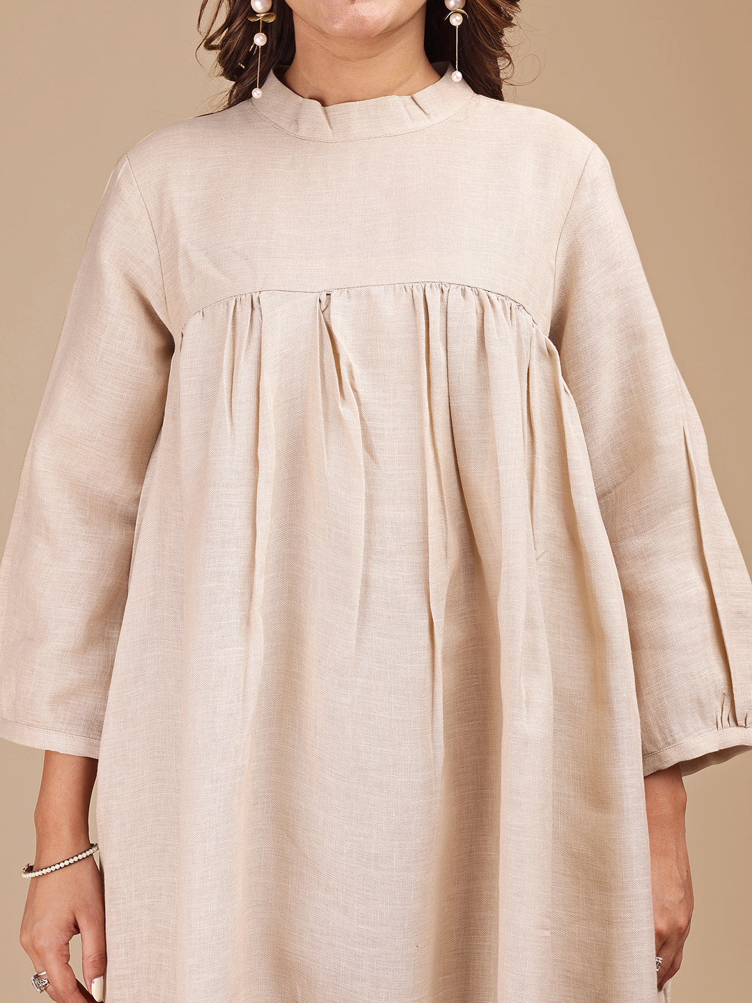 Beige Colored Stylized Embroidered Empire Linen Co-ord Set