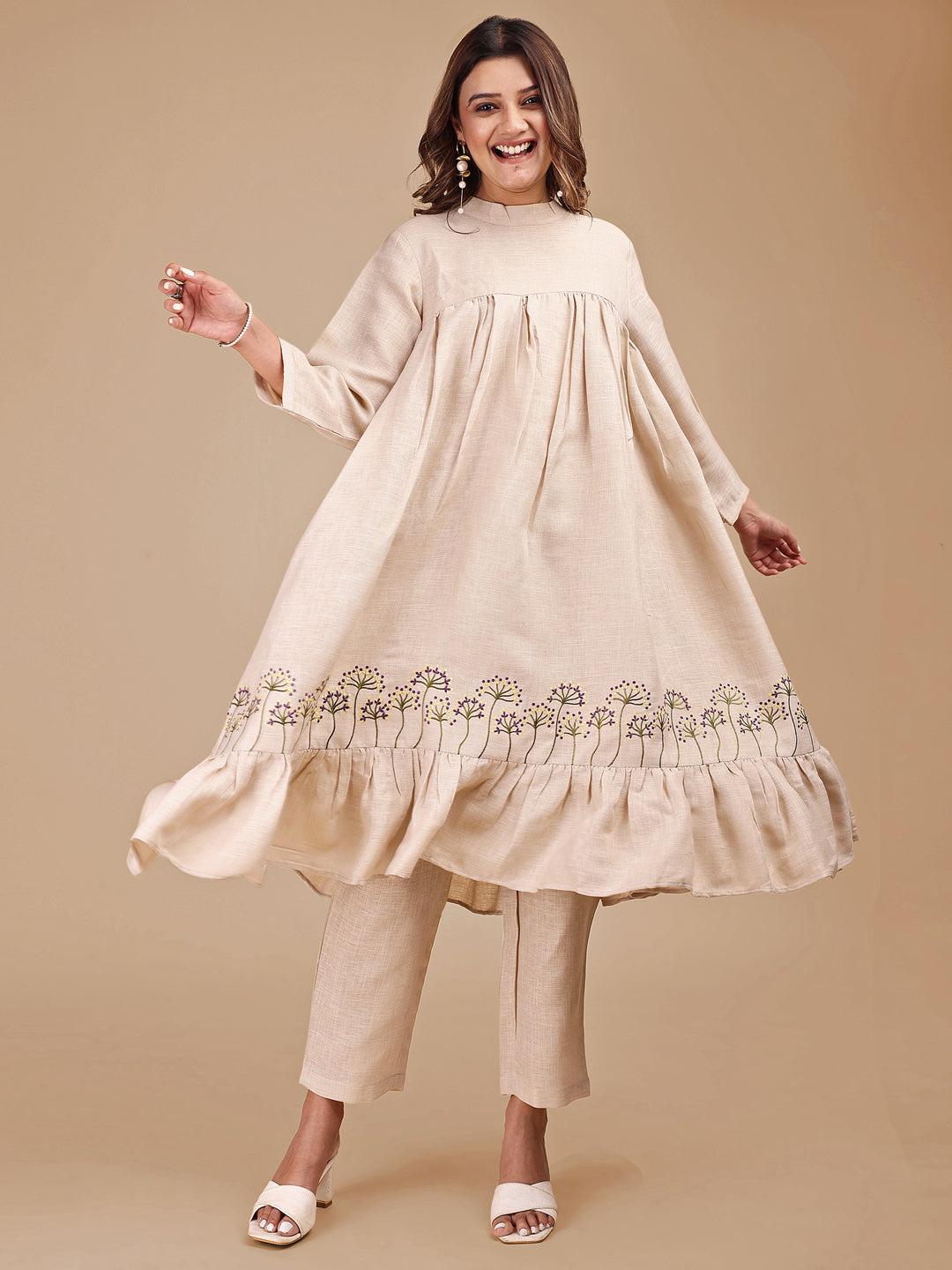 Beige Colored Stylized Embroidered Empire Linen Co-ord Set