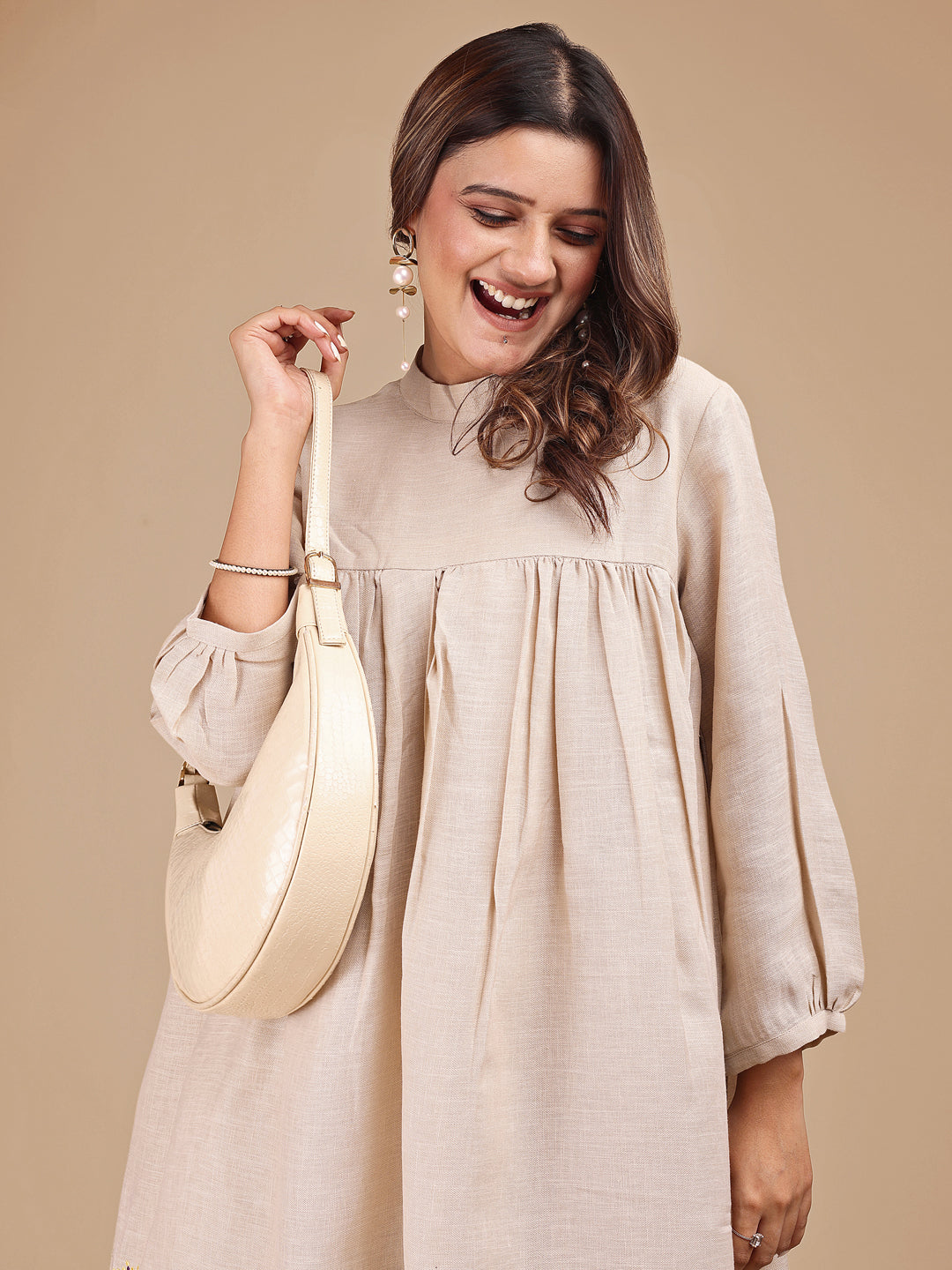 Beige Colored Stylized Embroidered Empire Linen Co-ord Set