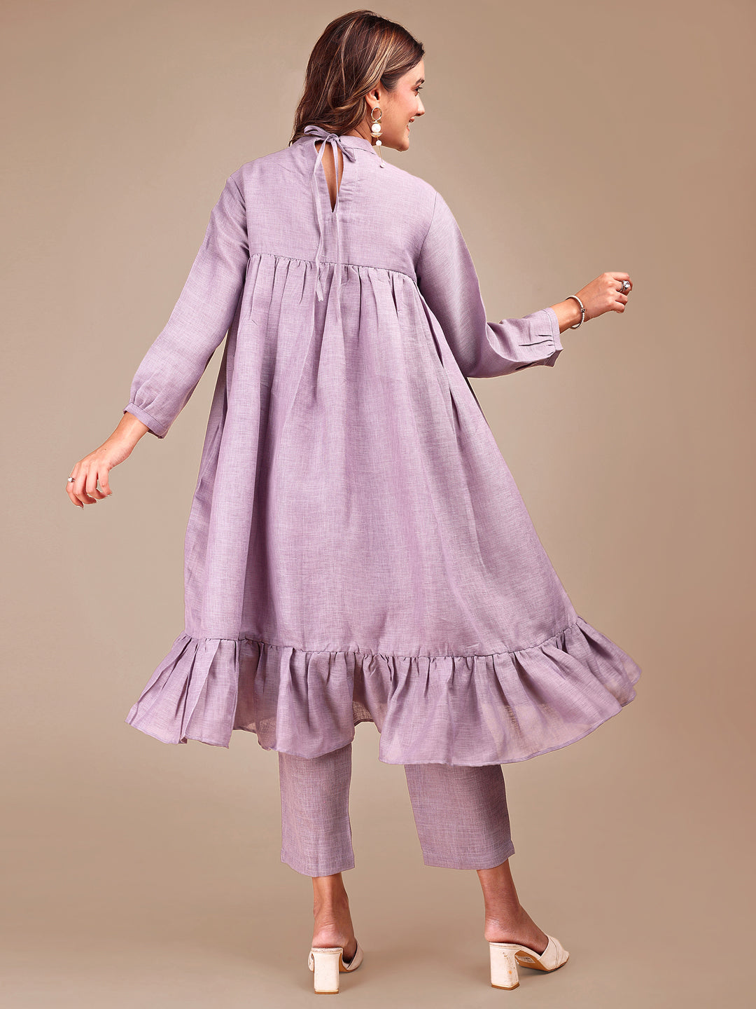 Lavender Colored Stylized Embroidered Empire Linen Co-ord Set
